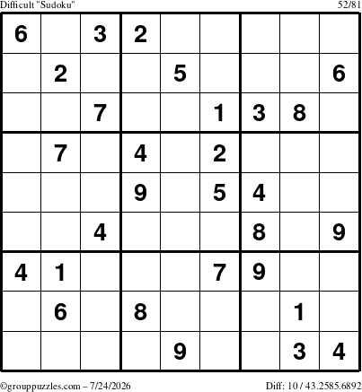 The grouppuzzles.com Difficult Sudoku puzzle for Friday July 24, 2026