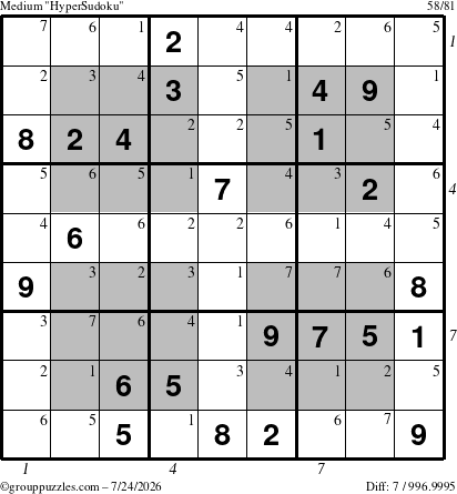 The grouppuzzles.com Medium HyperSudoku puzzle for Friday July 24, 2026, suitable for printing, with all 7 steps marked
