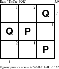 The grouppuzzles.com Easy TicTac-PQR puzzle for Friday July 24, 2026, suitable for printing, with all 2 steps marked