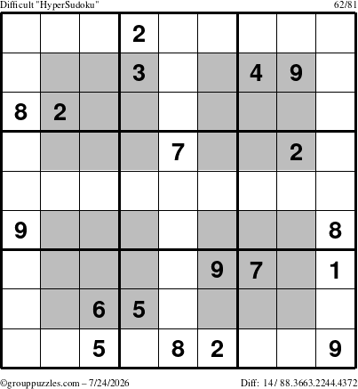 The grouppuzzles.com Difficult HyperSudoku puzzle for Friday July 24, 2026