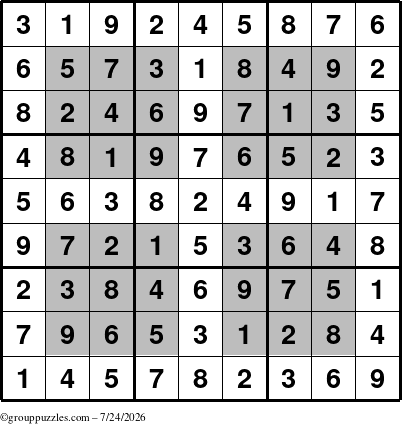 The grouppuzzles.com Answer grid for the HyperSudoku puzzle for Friday July 24, 2026