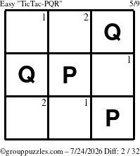 The grouppuzzles.com Easy TicTac-PQR puzzle for Friday July 24, 2026 with the first 2 steps marked