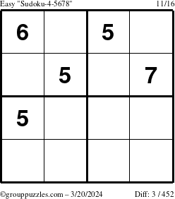 The grouppuzzles.com Easy Sudoku-4-5678 puzzle for Wednesday March 20, 2024