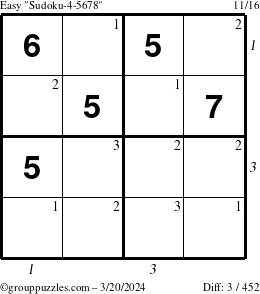 The grouppuzzles.com Easy Sudoku-4-5678 puzzle for Wednesday March 20, 2024 with all 3 steps marked