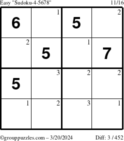 The grouppuzzles.com Easy Sudoku-4-5678 puzzle for Wednesday March 20, 2024 with the first 3 steps marked