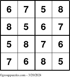 The grouppuzzles.com Answer grid for the Sudoku-4-5678 puzzle for Wednesday March 20, 2024