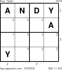 The grouppuzzles.com Easy Andy puzzle for Wednesday March 20, 2024 with all 3 steps marked