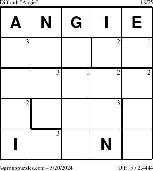 The grouppuzzles.com Difficult Angie puzzle for Wednesday March 20, 2024 with the first 3 steps marked