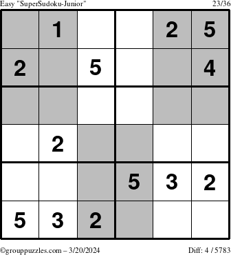 The grouppuzzles.com Easy SuperSudoku-Junior puzzle for Wednesday March 20, 2024