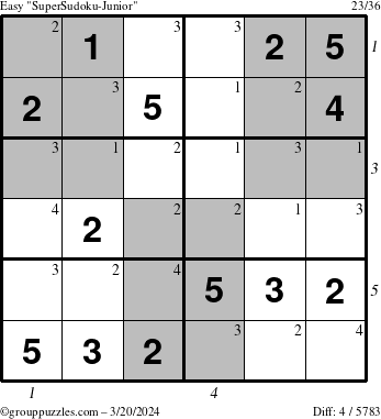 The grouppuzzles.com Easy SuperSudoku-Junior puzzle for Wednesday March 20, 2024 with all 4 steps marked