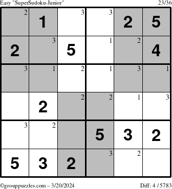 The grouppuzzles.com Easy SuperSudoku-Junior puzzle for Wednesday March 20, 2024 with the first 3 steps marked