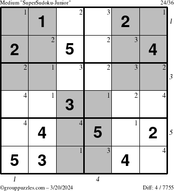 The grouppuzzles.com Medium SuperSudoku-Junior puzzle for Wednesday March 20, 2024 with all 4 steps marked