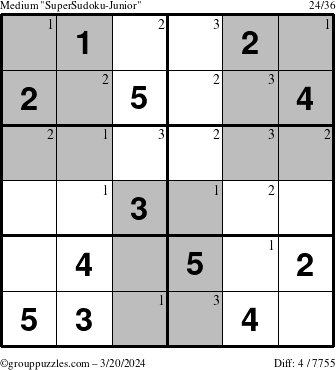 The grouppuzzles.com Medium SuperSudoku-Junior puzzle for Wednesday March 20, 2024 with the first 3 steps marked