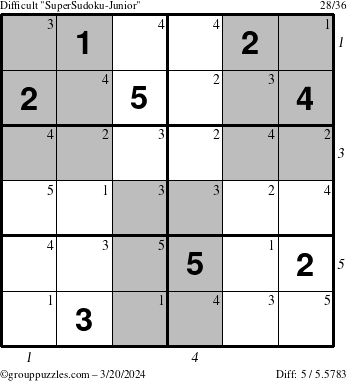The grouppuzzles.com Difficult SuperSudoku-Junior puzzle for Wednesday March 20, 2024 with all 5 steps marked