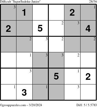The grouppuzzles.com Difficult SuperSudoku-Junior puzzle for Wednesday March 20, 2024 with the first 3 steps marked