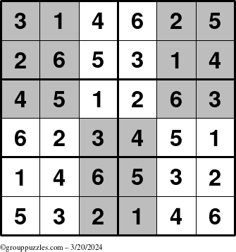 The grouppuzzles.com Answer grid for the SuperSudoku-Junior puzzle for Wednesday March 20, 2024