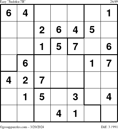 The grouppuzzles.com Easy Sudoku-7B puzzle for Wednesday March 20, 2024
