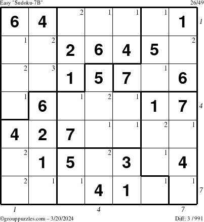 The grouppuzzles.com Easy Sudoku-7B puzzle for Wednesday March 20, 2024 with all 3 steps marked