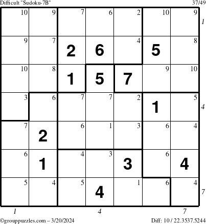 The grouppuzzles.com Difficult Sudoku-7B puzzle for Wednesday March 20, 2024 with all 10 steps marked