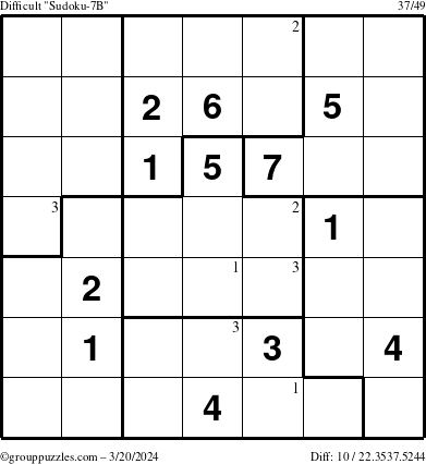 The grouppuzzles.com Difficult Sudoku-7B puzzle for Wednesday March 20, 2024 with the first 3 steps marked