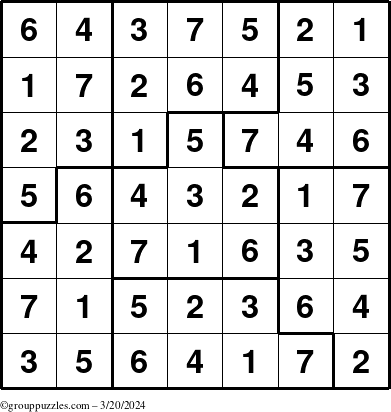 The grouppuzzles.com Answer grid for the Sudoku-7B puzzle for Wednesday March 20, 2024