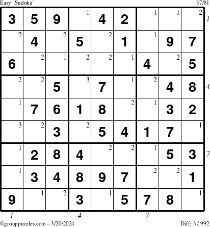 The grouppuzzles.com Easy Sudoku puzzle for Wednesday March 20, 2024 with all 3 steps marked