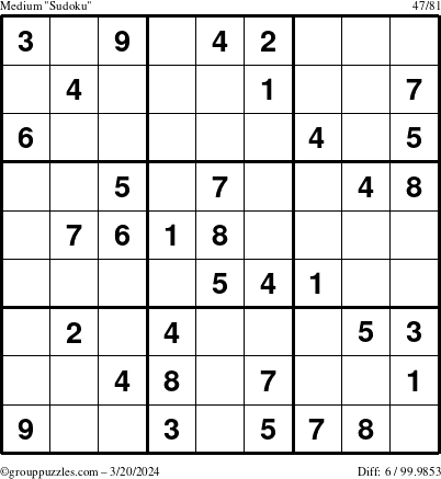 The grouppuzzles.com Medium Sudoku puzzle for Wednesday March 20, 2024