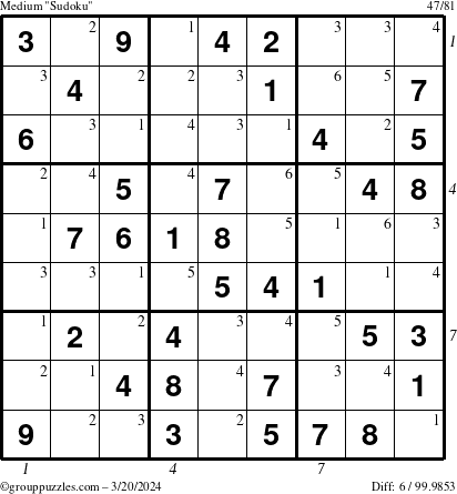 The grouppuzzles.com Medium Sudoku puzzle for Wednesday March 20, 2024 with all 6 steps marked