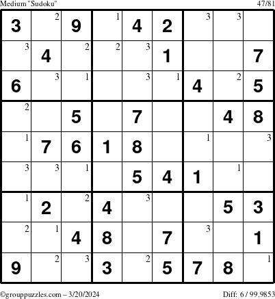 The grouppuzzles.com Medium Sudoku puzzle for Wednesday March 20, 2024 with the first 3 steps marked