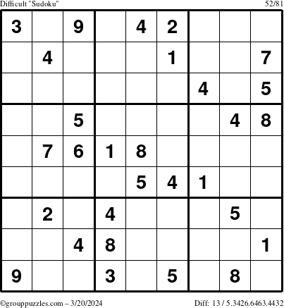 The grouppuzzles.com Difficult Sudoku puzzle for Wednesday March 20, 2024