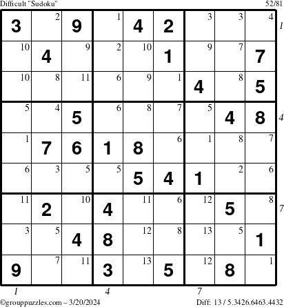 The grouppuzzles.com Difficult Sudoku puzzle for Wednesday March 20, 2024 with all 13 steps marked