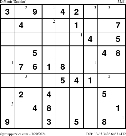 The grouppuzzles.com Difficult Sudoku puzzle for Wednesday March 20, 2024 with the first 3 steps marked