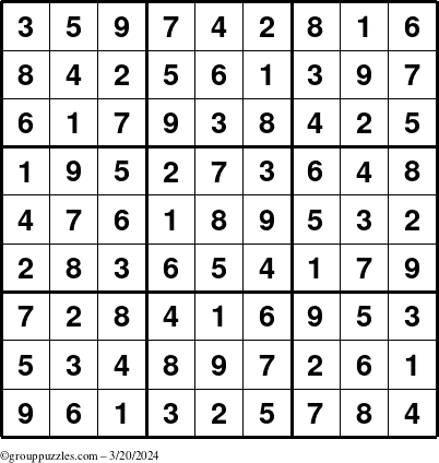 The grouppuzzles.com Answer grid for the Sudoku puzzle for Wednesday March 20, 2024