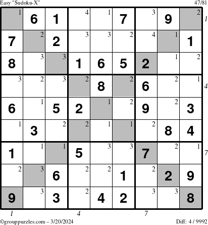 The grouppuzzles.com Easy Sudoku-X puzzle for Wednesday March 20, 2024 with all 4 steps marked
