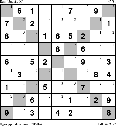 The grouppuzzles.com Easy Sudoku-X puzzle for Wednesday March 20, 2024 with the first 3 steps marked