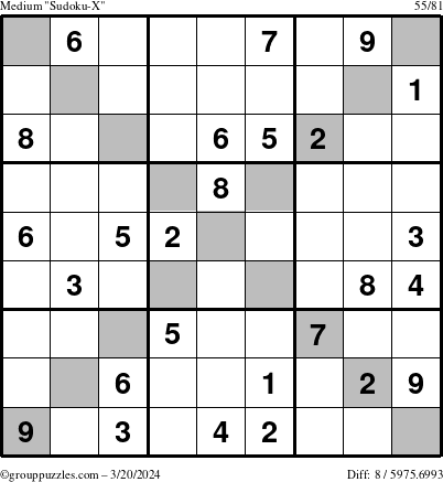 The grouppuzzles.com Medium Sudoku-X puzzle for Wednesday March 20, 2024