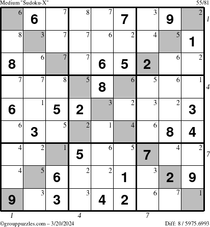 The grouppuzzles.com Medium Sudoku-X puzzle for Wednesday March 20, 2024 with all 8 steps marked