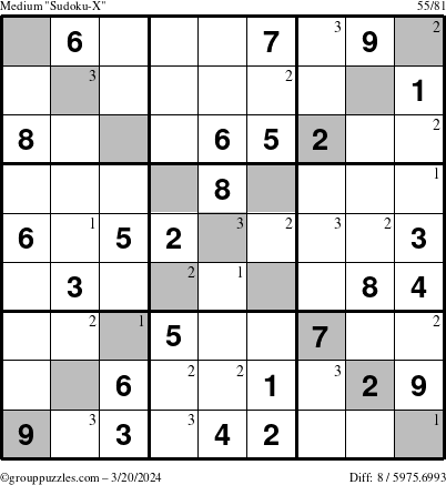 The grouppuzzles.com Medium Sudoku-X puzzle for Wednesday March 20, 2024 with the first 3 steps marked