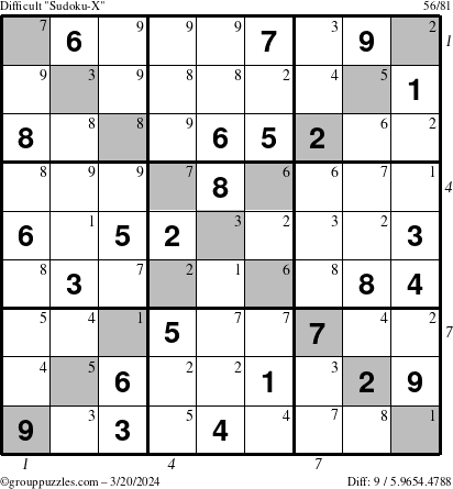 The grouppuzzles.com Difficult Sudoku-X puzzle for Wednesday March 20, 2024 with all 9 steps marked