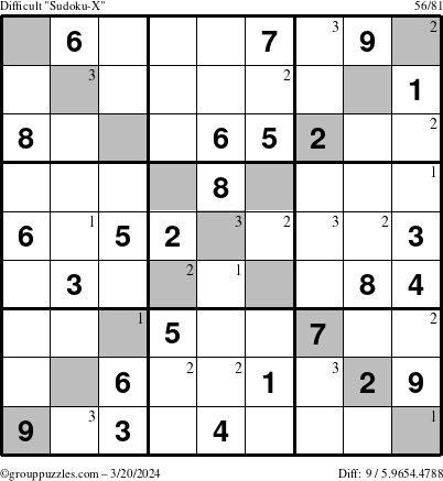The grouppuzzles.com Difficult Sudoku-X puzzle for Wednesday March 20, 2024 with the first 3 steps marked