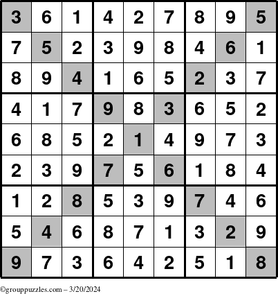 The grouppuzzles.com Answer grid for the Sudoku-X puzzle for Wednesday March 20, 2024