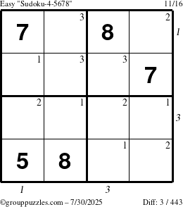The grouppuzzles.com Easy Sudoku-4-5678 puzzle for Wednesday July 30, 2025, suitable for printing, with all 3 steps marked
