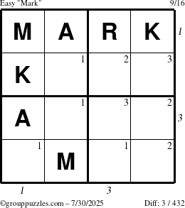 The grouppuzzles.com Easy Mark puzzle for Wednesday July 30, 2025, suitable for printing, with all 3 steps marked