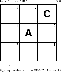 The grouppuzzles.com Easy TicTac-ABC puzzle for Wednesday July 30, 2025 with all 2 steps marked