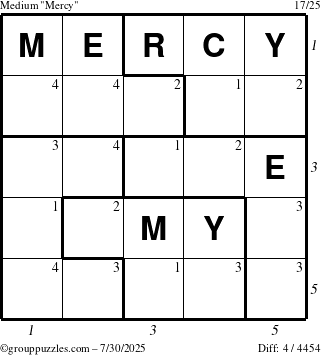 The grouppuzzles.com Medium Mercy puzzle for Wednesday July 30, 2025, suitable for printing, with all 4 steps marked