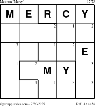 The grouppuzzles.com Medium Mercy puzzle for Wednesday July 30, 2025 with the first 3 steps marked