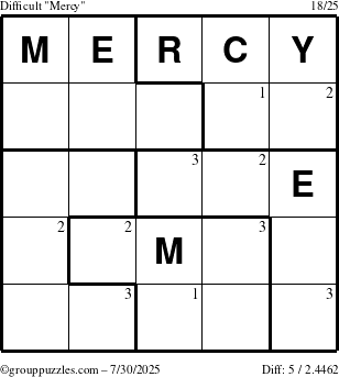 The grouppuzzles.com Difficult Mercy puzzle for Wednesday July 30, 2025 with the first 3 steps marked