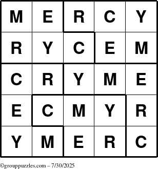 The grouppuzzles.com Answer grid for the Mercy puzzle for Wednesday July 30, 2025