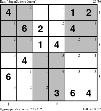 The grouppuzzles.com Easy SuperSudoku-Junior puzzle for Wednesday July 30, 2025, suitable for printing, with all 4 steps marked