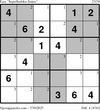 The grouppuzzles.com Easy SuperSudoku-Junior puzzle for Wednesday July 30, 2025 with the first 3 steps marked